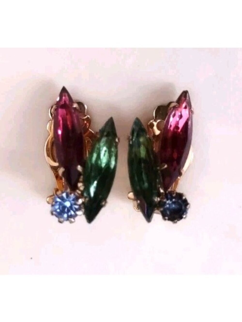 Clip-On Earrings cluster pink-red green blue colorful glass gems gold-tone metal